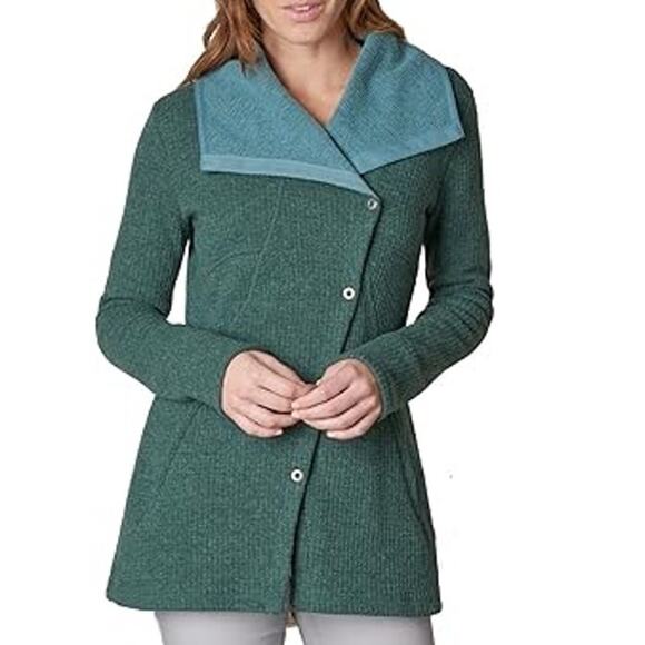 prAna Milana Asymmetrical Wool Snap Button Jacket Green Long Pockets Size M $180 - Picture 1 of 9